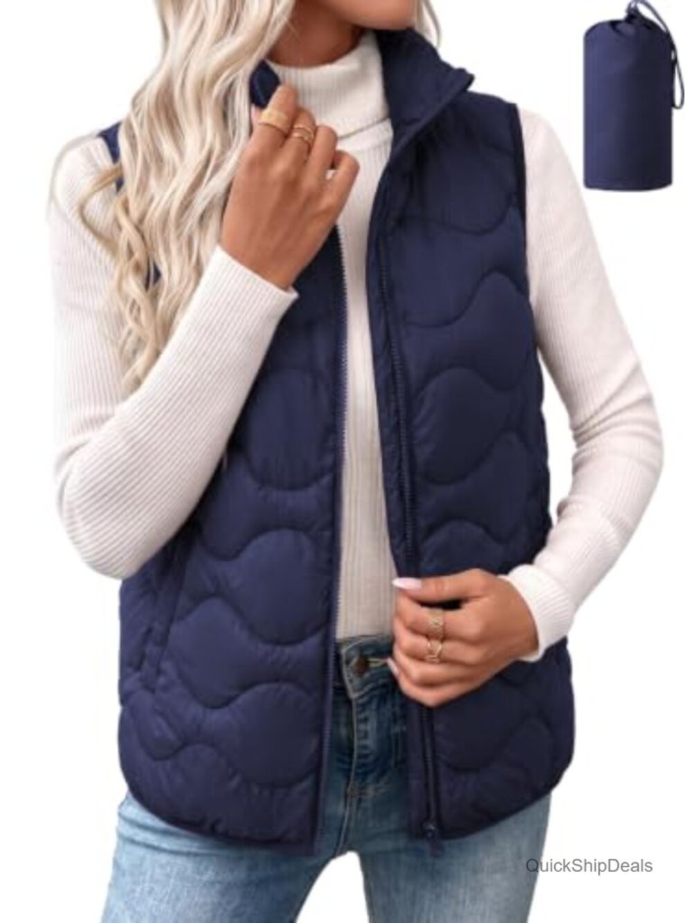 Quilted Zip-Up Packable Puffer Vest with Pockets